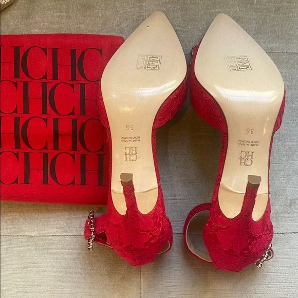 New Carolina Herrera Elegant Red Lace Heels with Embellishments - Picture 6 of 7